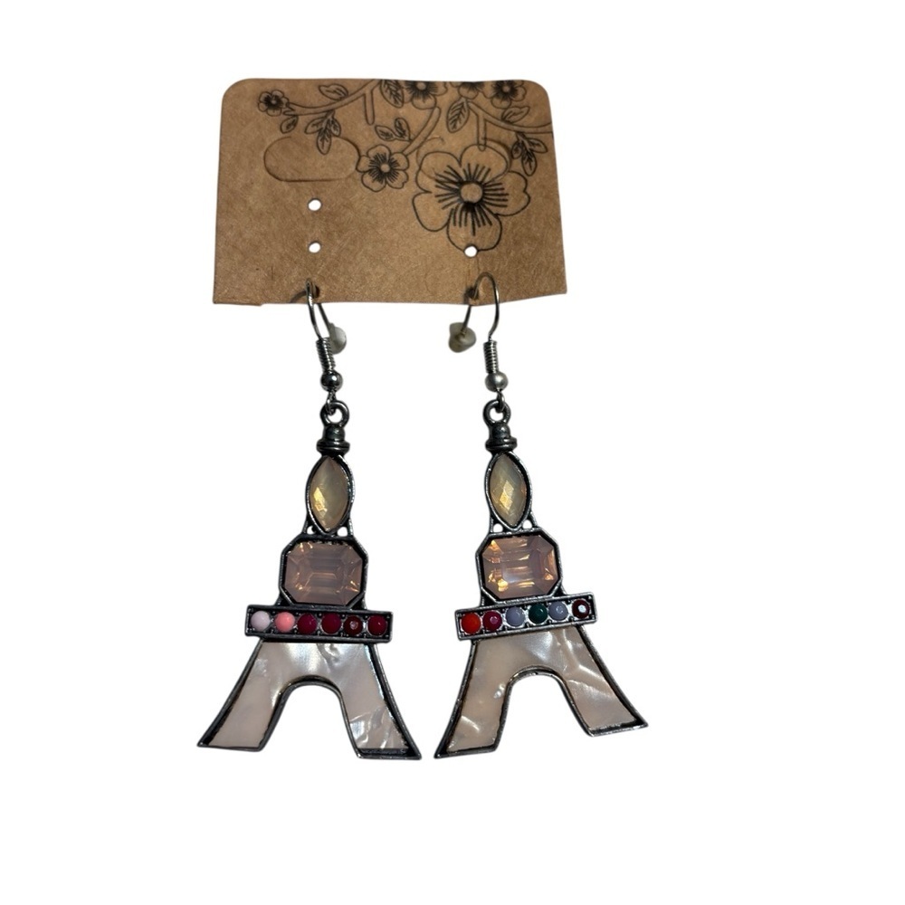 NEW Eiffel Tower Earrings Beaded Pink Pearlescent Dangling Silver-tone Paris